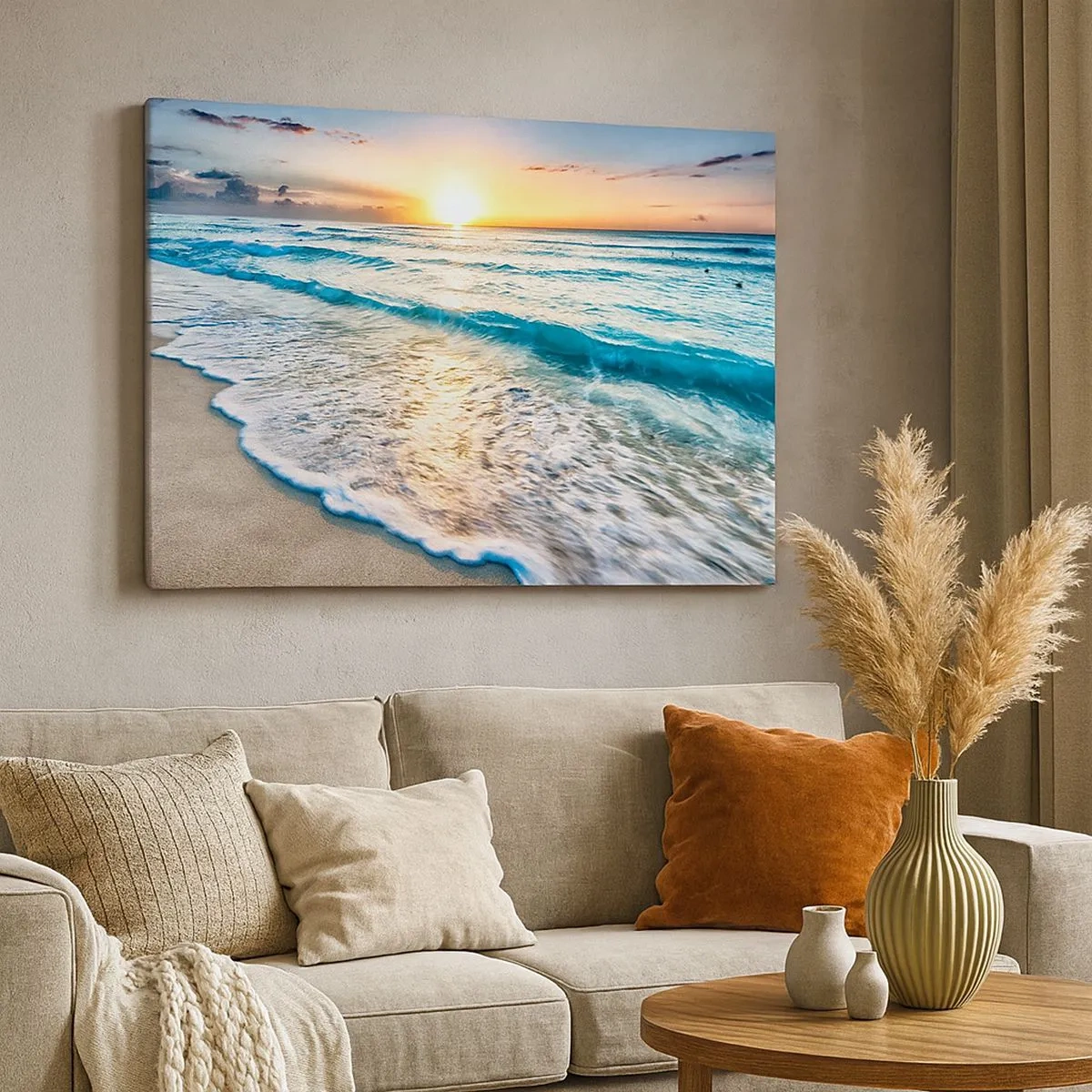 Bild auf Leinwand - Leinwandbild - Sonnenaufgang über einem ruhigen Strand mit Wellen - 70x50cm - Ein Blick lohnt sich - Moderne Wanddekoration für Wohnzimmer und Schlafzimmer ARTTOR