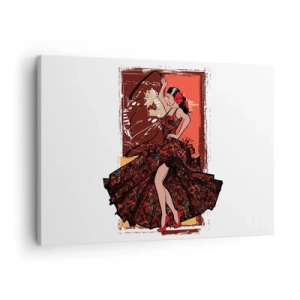 Bild auf Leinwand - Leinwandbild - Eine Tänzerin in einem rot-schwarzen Kleid vor einem künstlerischen Hintergrund - 70x50cm - Im Rhythmus des Herzens - Moderne Wanddekoration für Wohnzimmer und Schlafzimmer ARTTOR