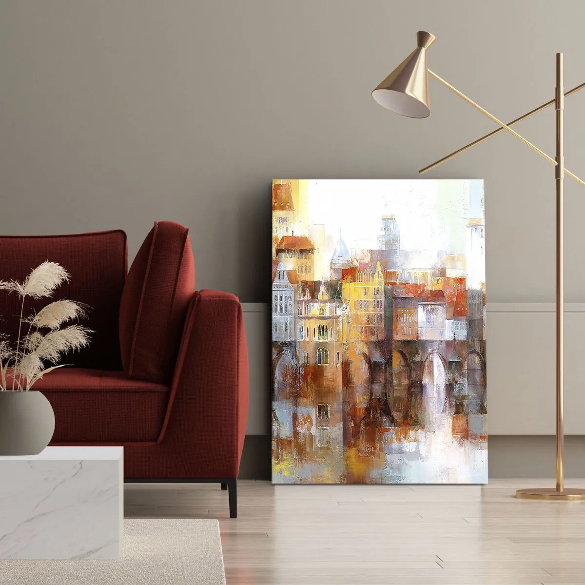 Bild auf Leinwand - Leinwandbild - Ein malerisches Panorama der Stadt mit einer Brücke in Herbstfarben - 80x120cm - Schön ist es auch unter der Brücke - Moderne Wanddekoration für Wohnzimmer und Schlafzimmer ARTTOR