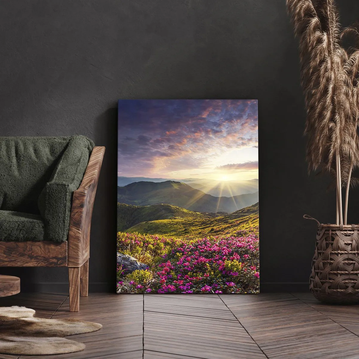Bild auf Leinwand - Leinwandbild - Berglandschaft mit blühenden Rhododendren - 50x70cm - Frische am Bergmorgen - Moderne Wanddekoration für Wohnzimmer und Schlafzimmer ARTTOR