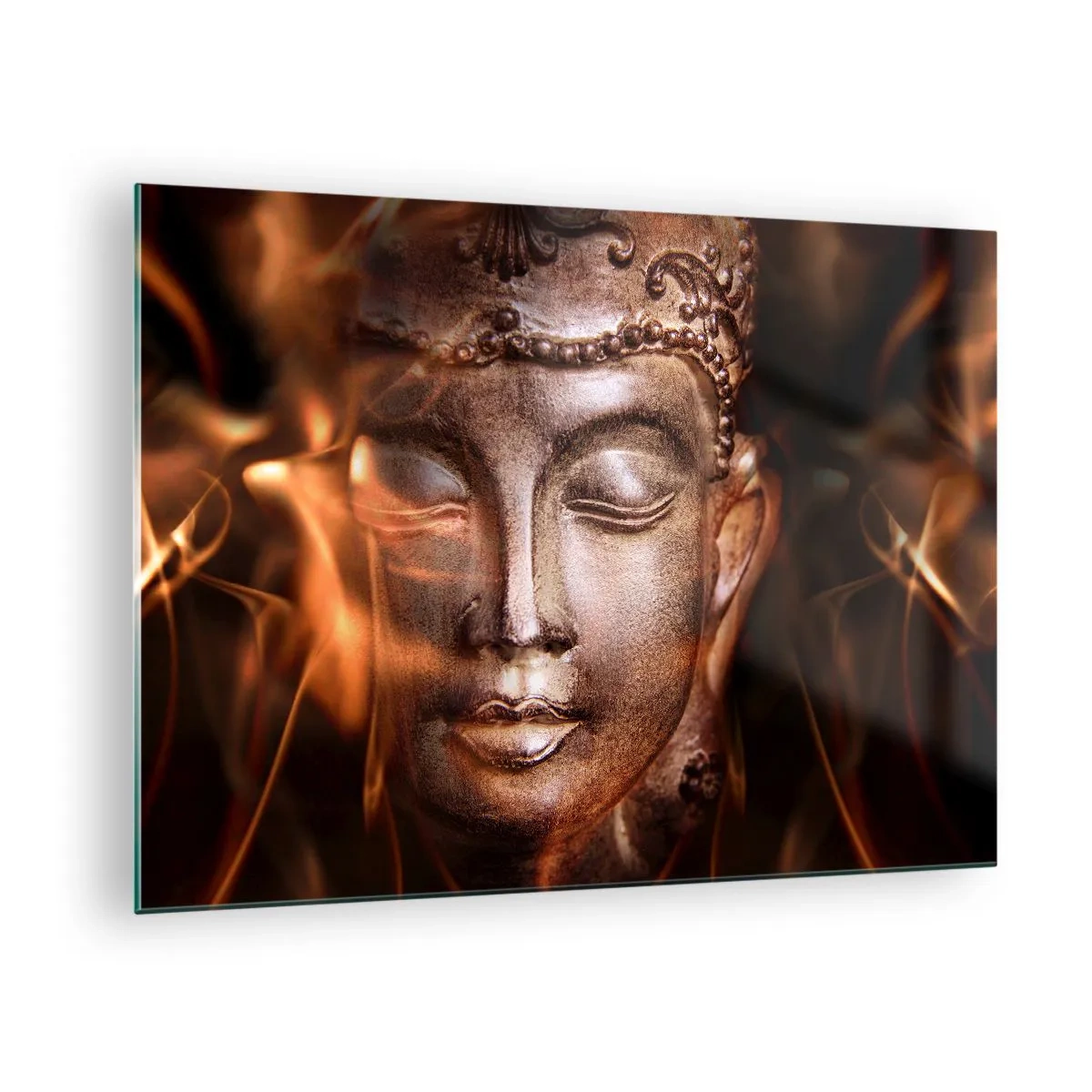 Glasbild - Bild auf glas - Das verschwommene Gesicht des Buddha in warmen Gold- und Brauntönen - 70x50cm - Es existiert nur hier und jetzt - Moderne Wanddekoration für Wohnzimmer und Schlafzimmer ARTTOR