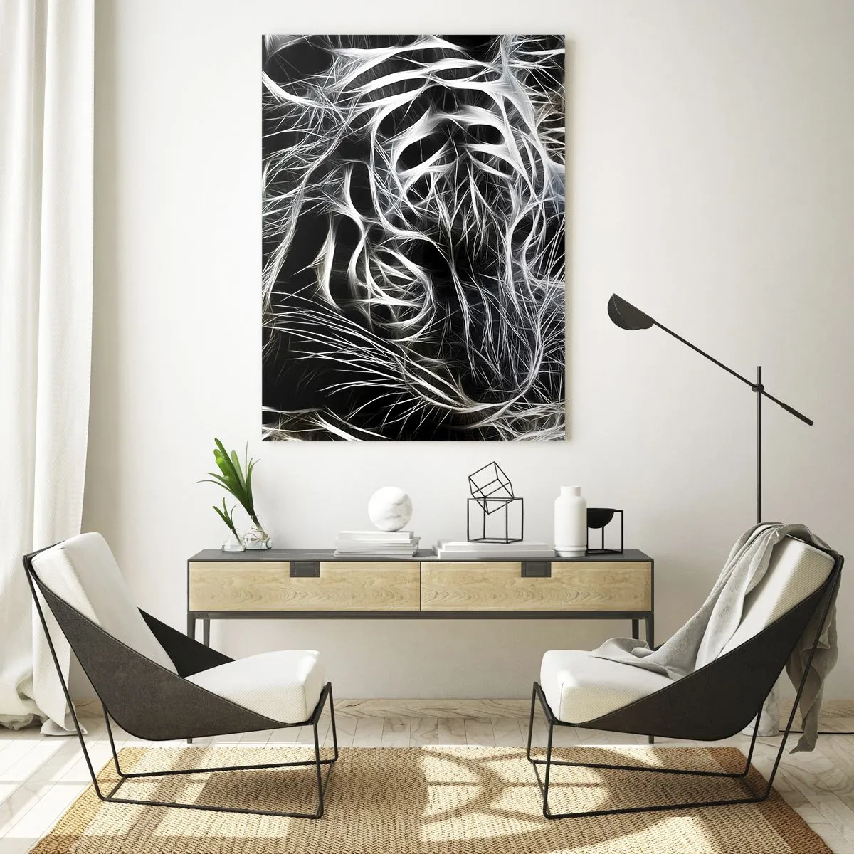 Glasbild - Bild auf glas - Abstrakter Tiger in leuchtenden Linien auf schwarzem Hintergrund - 50x70cm - Eine Studie über die Leichtigkeit der Katze - Moderne Wanddekoration für Wohnzimmer und Schlafzimmer ARTTOR