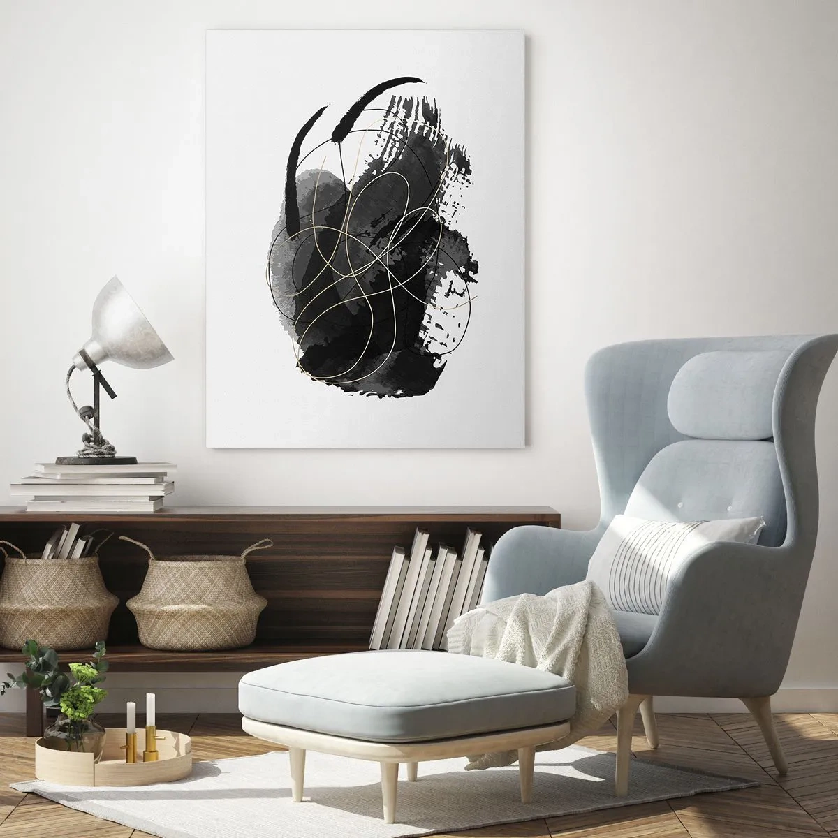 Glasbild - Bild auf glas - Abstraktion in Schwarz und Gold auf weißem Hintergrund - 80x120cm - Aus Schwarz entstanden - Moderne Wanddekoration für Wohnzimmer und Schlafzimmer ARTTOR