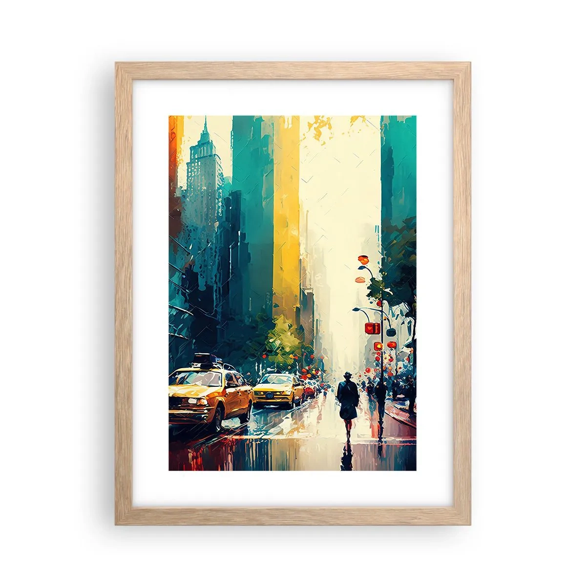 Poster in einem Rahmen aus heller Eiche - New York – selbst der Regen ist hier bunt - 30x40 cm