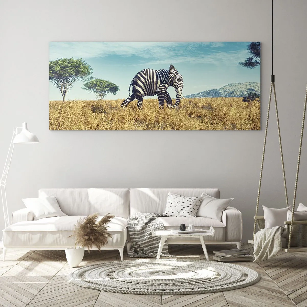 Glasbild - Bild auf glas - Zebra in einer afrikanischen Landschaft - 160x50cm - Grau ist nicht mehr in Mode - Moderne Wanddekoration für Wohnzimmer und Schlafzimmer ARTTOR