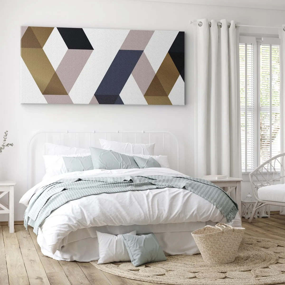 Bild auf Leinwand - Leinwandbild - Geometrische Muster in Gold- und Marineblautönen - 120x50cm - Ebenen und Winkel - Moderne Wanddekoration für Wohnzimmer und Schlafzimmer ARTTOR