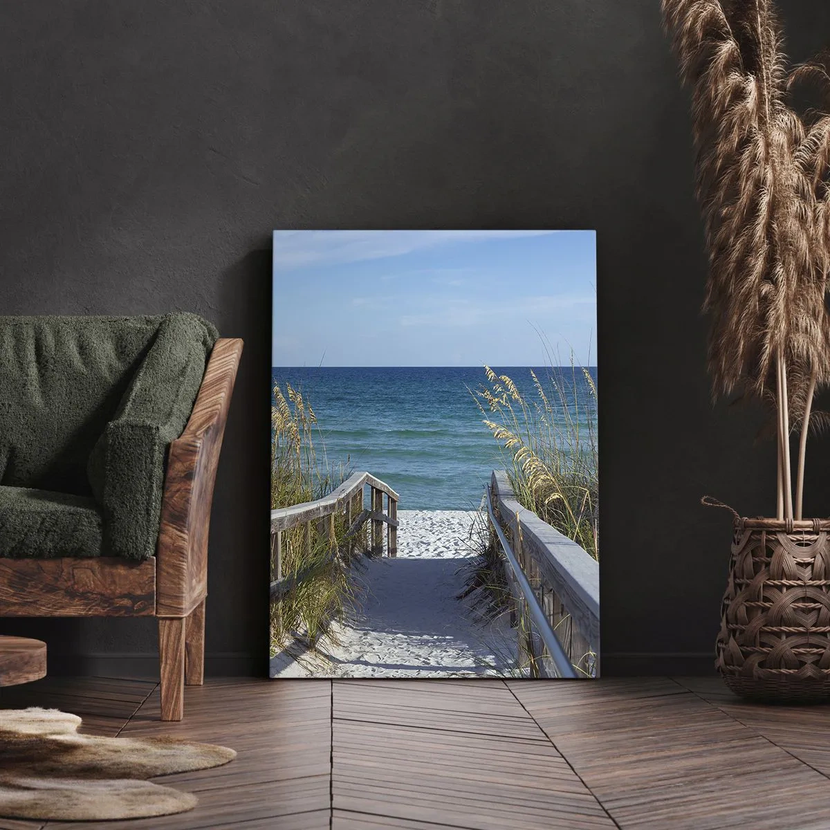 Bild auf Leinwand - Leinwandbild - Weg zum Strand mit Meerblick - 50x70cm - In der Sonne, im Wind - Moderne Wanddekoration für Wohnzimmer und Schlafzimmer ARTTOR