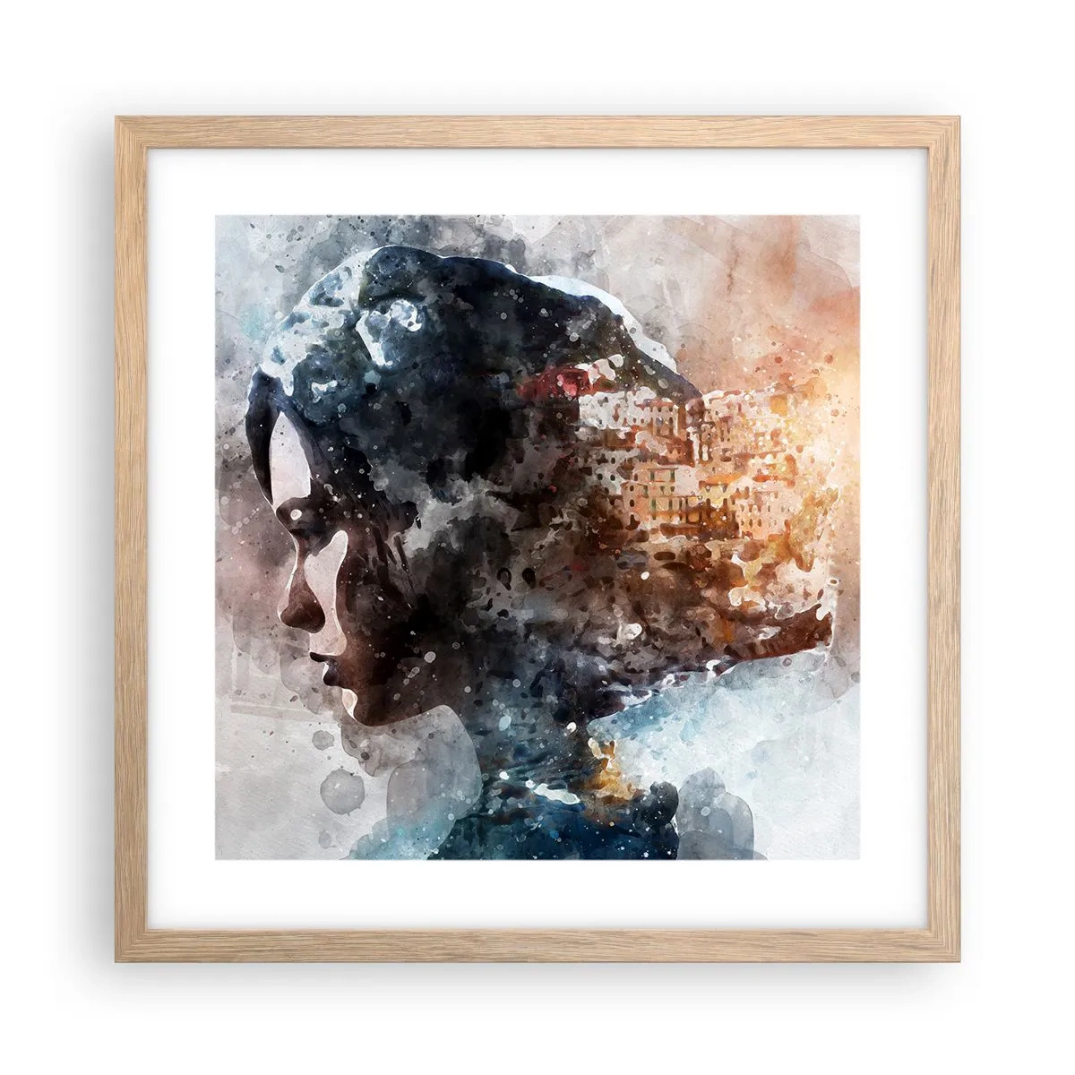 Poster in einem Rahmen aus heller Eiche - Eine Geschichte über ein Mädchen mit einer Stadt im Hintergrund - 40x40 cm