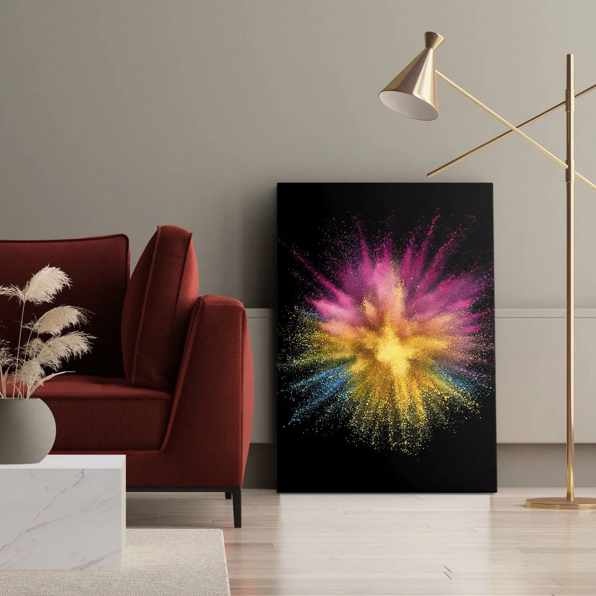 Bild auf Leinwand - Leinwandbild - Bunte Pulverexplosion auf schwarzem Hintergrund - 80x120cm - Die Geburt der Farben - Moderne Wanddekoration für Wohnzimmer und Schlafzimmer ARTTOR