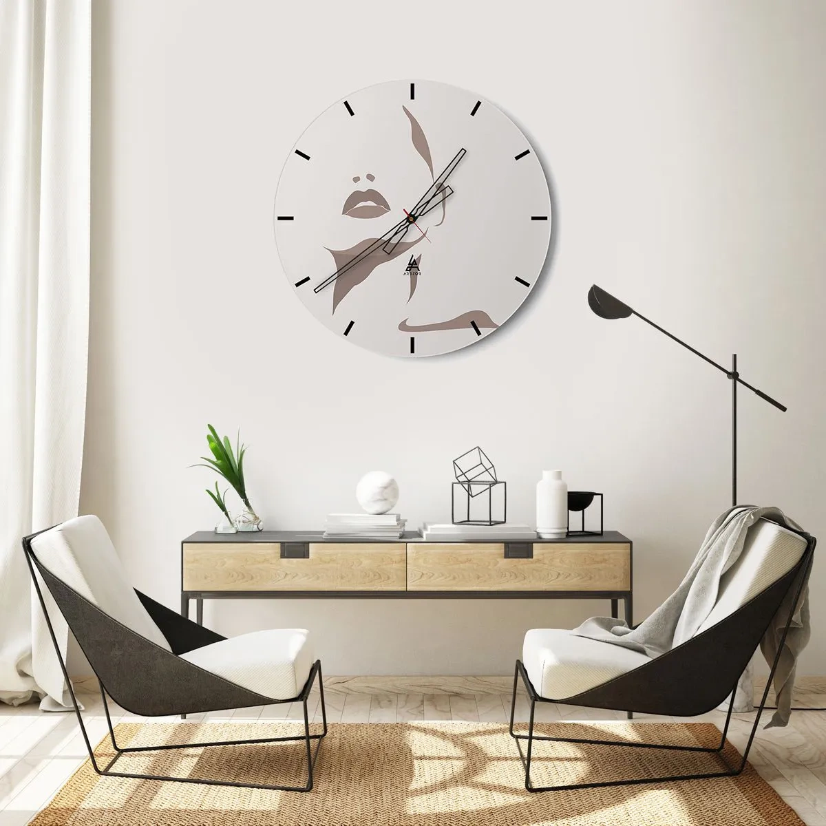 Wanduhr - Glasuhr - Ein minimalistisches Frauenporträt in Beigetönen. - 30x30cm - Aus Licht und Schatten - Moderne Wanddekoration für Wohnzimmer, Küche und Schlafzimmer ARTTOR