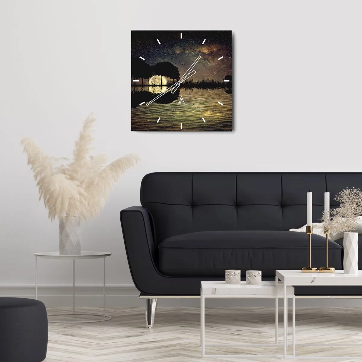 Wanduhr - Glasuhr - Eine magische Nacht mit Bäumen und dem Mond, der sich im Wasser spiegelt - 30x30cm - Nacht am Ende der Welt - Moderne Wanddekoration für Wohnzimmer und Schlafzimmer ARTTOR