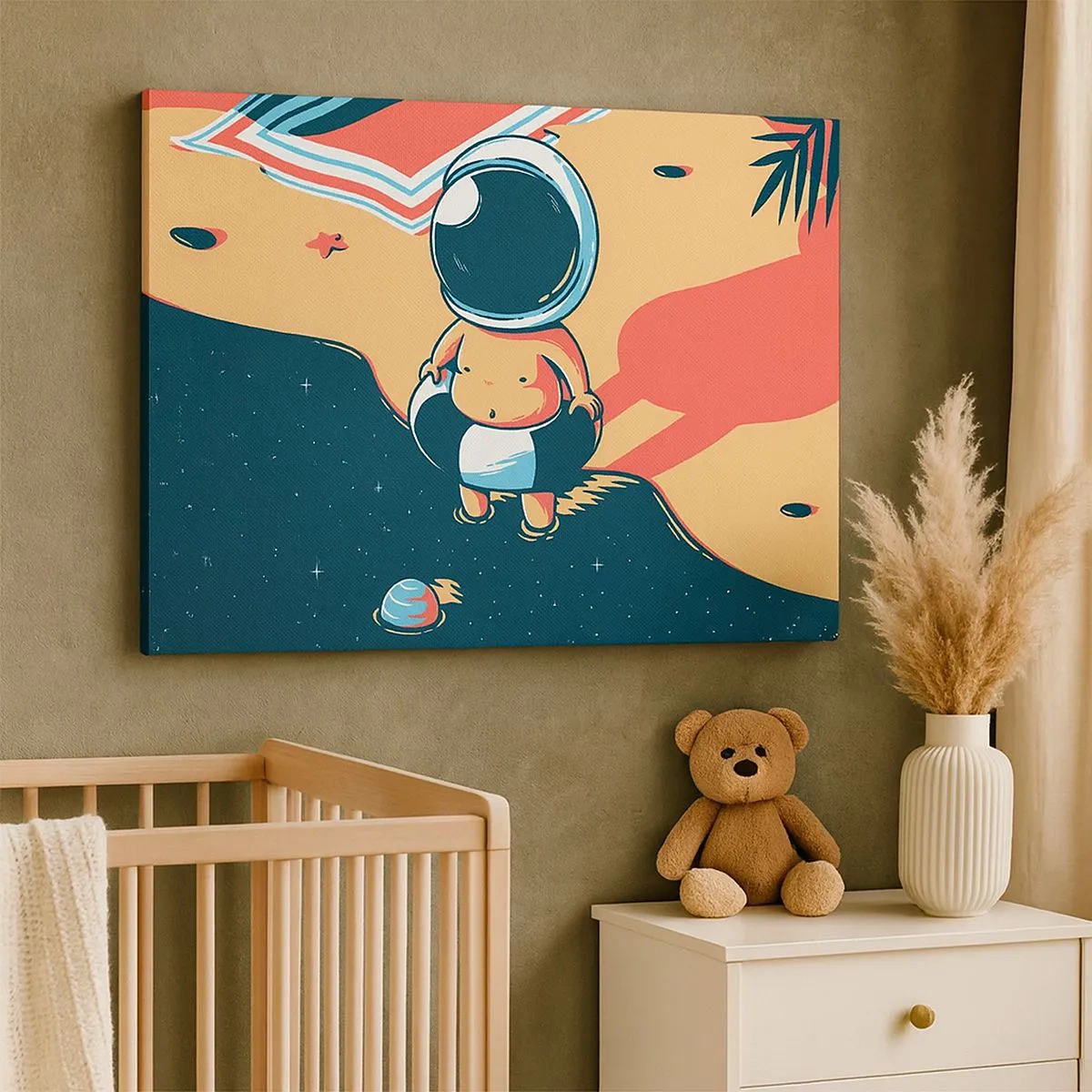 Bild auf Leinwand - Leinwandbild - Lustiger Astronaut am Strand mit Weltraumelementen im Hintergrund - 70x50cm - Aus einer anderen Perspektive - Moderne Wanddekoration für Wohnzimmer und Schlafzimmer ARTTOR