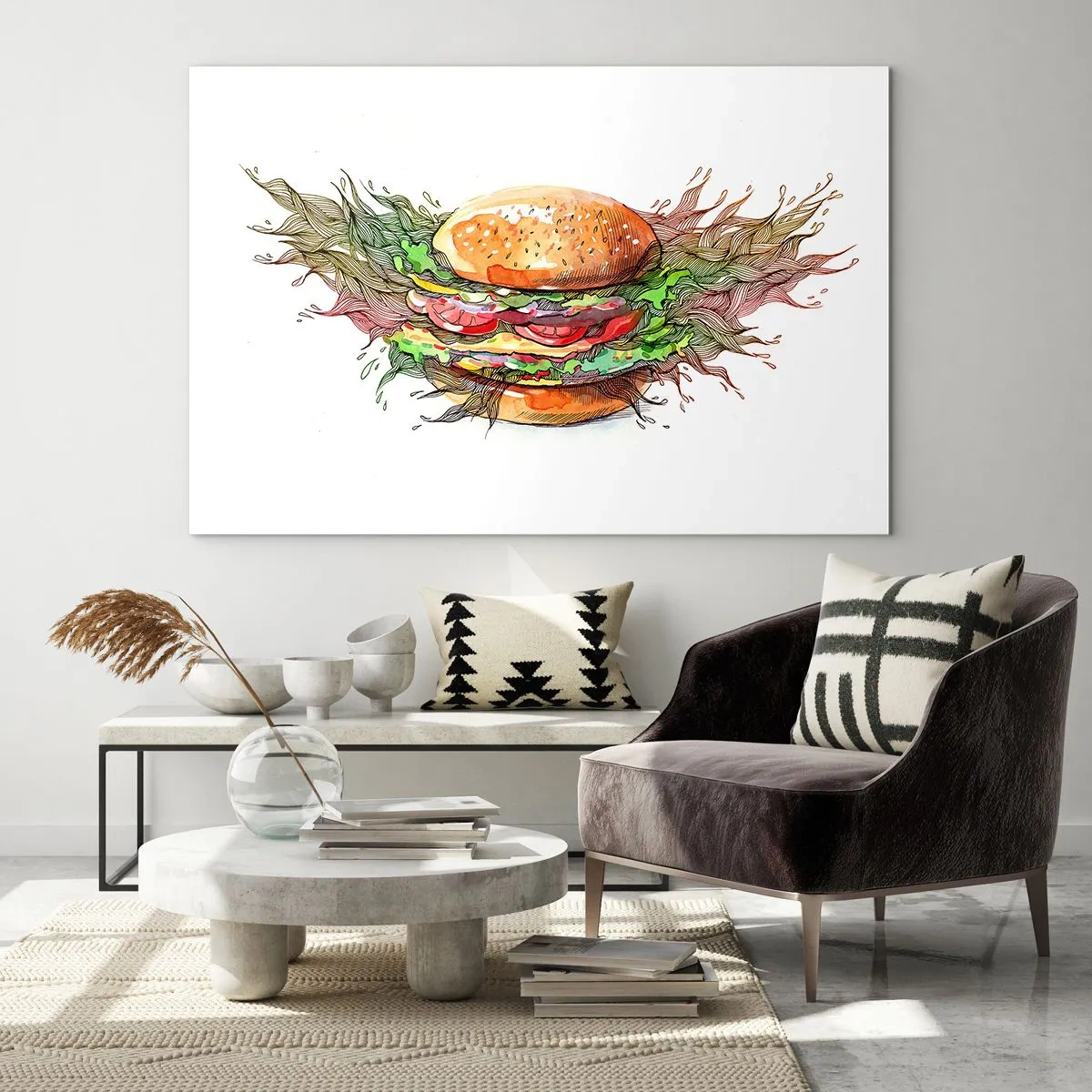 Glasbild - Bild auf glas - Künstlerische Zeichnung eines Burgers mit Aquarelldetails - 120x80cm - Heiße Versuchung - Moderne Wanddekoration für Wohnzimmer und Schlafzimmer ARTTOR