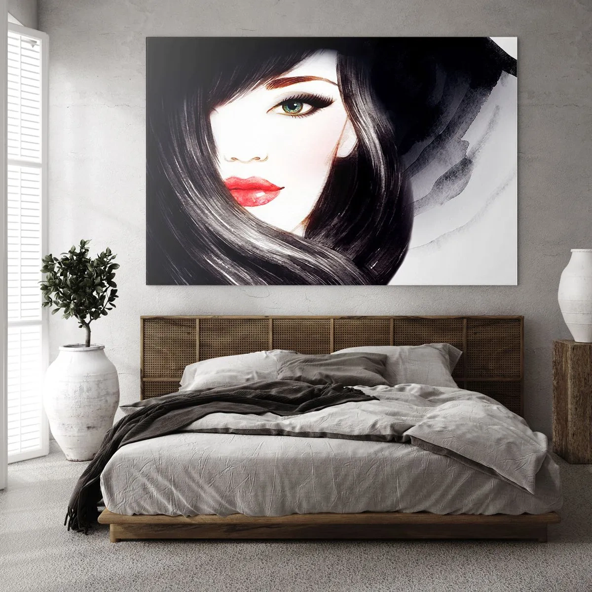 Glasbild - Bild auf glas - Porträt einer Frau mit schwarzen Haaren und ausdrucksstarken roten Lippen - 70x50cm - Saphir-Optik - Moderne Wanddekoration für Wohnzimmer und Schlafzimmer ARTTOR