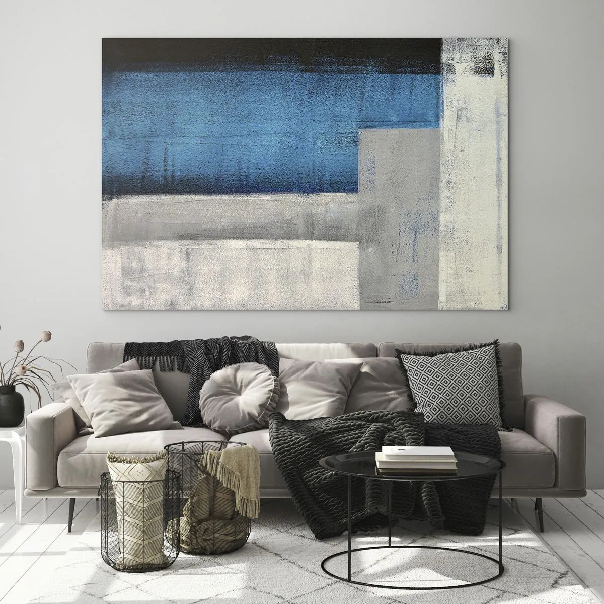 Glasbild - Bild auf glas - Geometrische Abstraktion in Blau, Grau und Weiß - 70x50cm - Poetische Komposition aus Grau und Blau - Moderne Wanddekoration für Wohnzimmer und Schlafzimmer ARTTOR