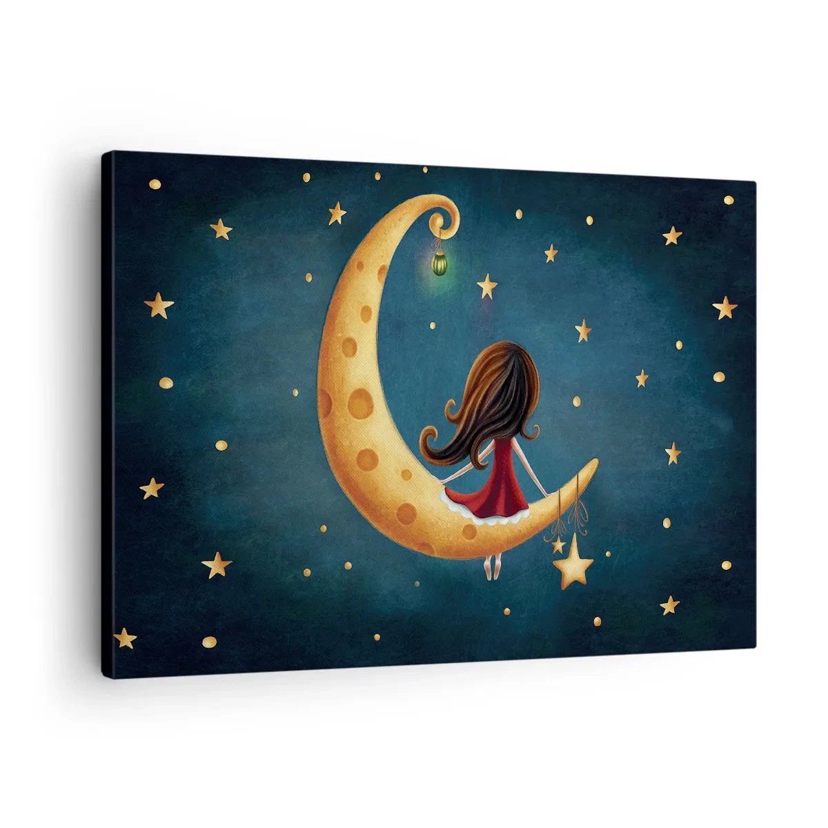 Bild auf Leinwand - Leinwandbild - Ein Mädchen auf dem Mond, umgeben von Sternen - 70x50cm - Einmal… - Moderne Wanddekoration für Wohnzimmer und Schlafzimmer ARTTOR
