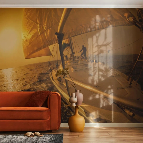 Fototapete Premium Sand - Ein goldener Abend nach einem bunten Tag - Maritime Studien, Segelboot, Reisen - 350x256 cm