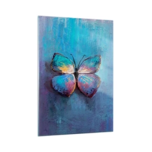 Glasbild - Bild auf glas - Ein bunter Schmetterling vor einem Hintergrund aus abstrakten Farben in Blau- und Lilatönen. - 50x70cm - In all seiner Pracht - Moderne Wanddekoration für Wohnzimmer und Schlafzimmer ARTTOR