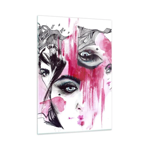 Glasbild - Bild auf glas - Abstrakte weibliche Gesichter mit rosa Akzenten im Skizzenstil. - 50x70cm - Abstrakte Augen - Moderne Wanddekoration für Wohnzimmer und Schlafzimmer ARTTOR