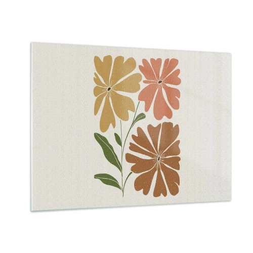 Glasbild - Bild auf glas - Drei stilisierte Blumen in warmen Farben auf hellem Hintergrund - 70x50cm - Natur und Geometrie - Moderne Wanddekoration für Wohnzimmer und Schlafzimmer ARTTOR