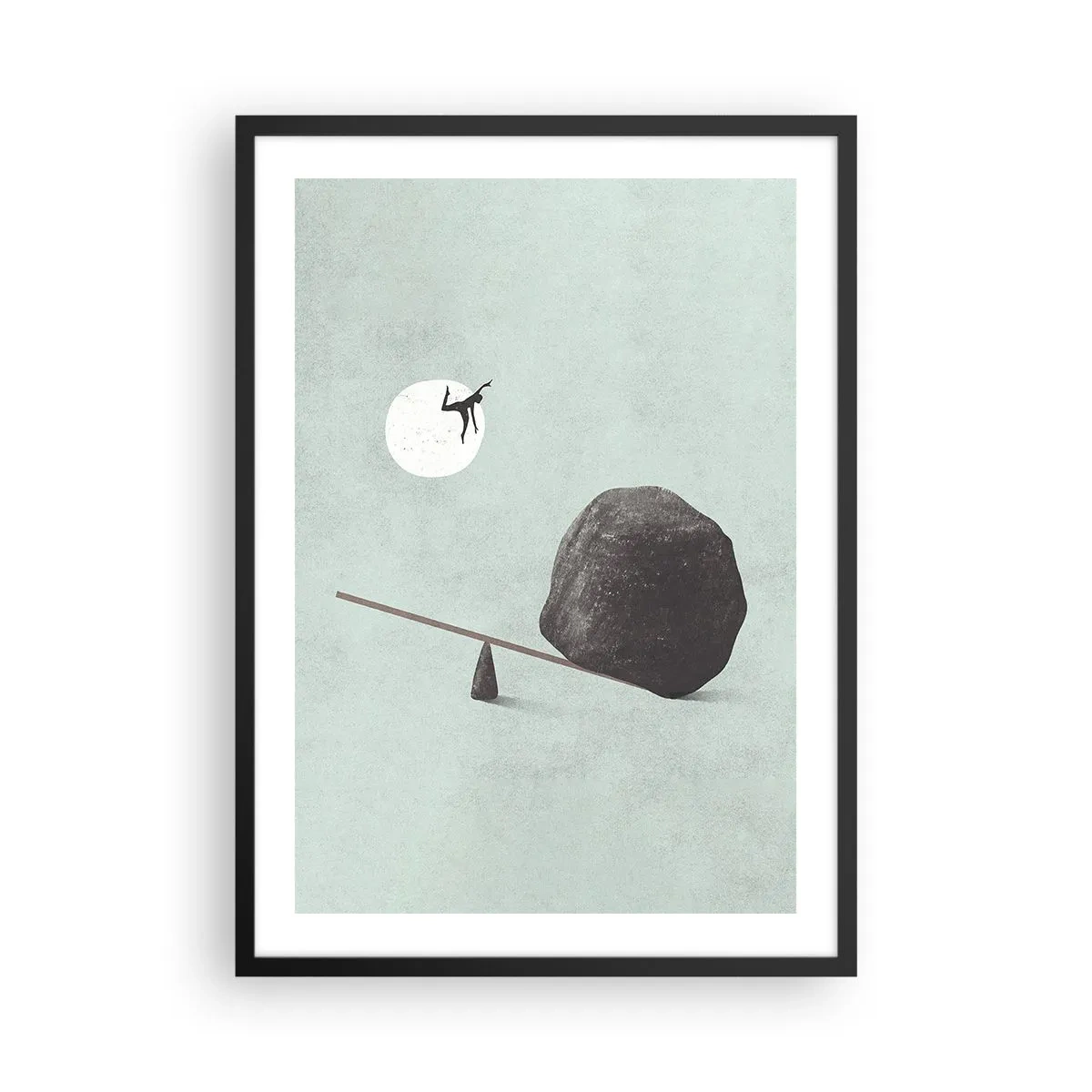 Poster in einem schwarzem Rahmen - Eine minimalistische Waage mit einem Stein und einer Figur vor dem Hintergrund des Mondes - 50x70cm - Erfüllte Träume - Moderne Wanddekoration für Wohnzimmer und Schlafzimmer ARTTOR