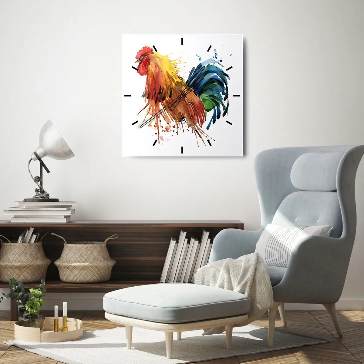 Wanduhr - Glasuhr - Bunter Hahn im Aquarellstil - 30x30cm - Königliches Gewand, königlicher Stolz - Moderne Wanddekoration für Wohnzimmer und Schlafzimmer ARTTOR