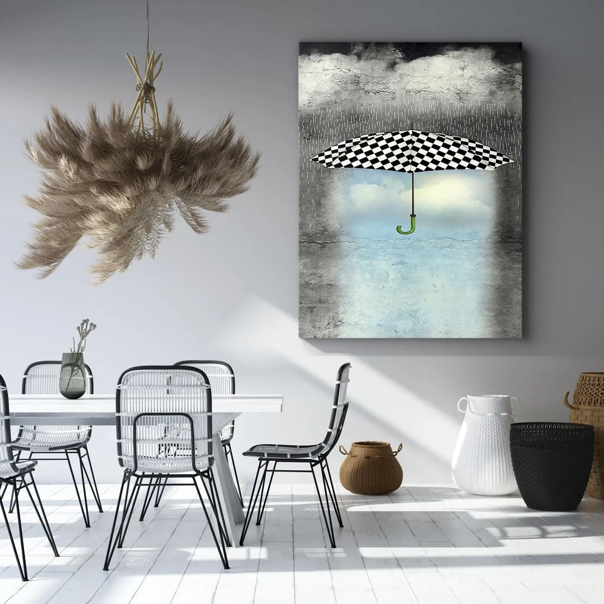 Bild auf Leinwand - Leinwandbild - Ein karierter Regenschirm über einer verregneten Landschaft - 70x100cm - Aber möglich - Moderne Wanddekoration für Wohnzimmer und Schlafzimmer ARTTOR