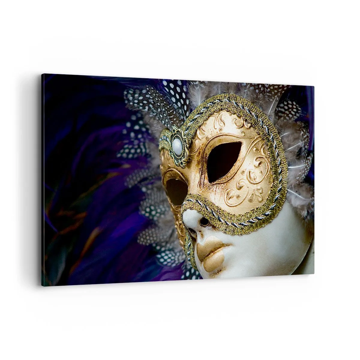 Bild auf Leinwand - Leinwandbild - Goldene venezianische Maske mit dekorativen Federn und Ornamenten - 120x80cm - Venezianisches Porträt in Gold - Moderne Wanddekoration für Wohnzimmer und Schlafzimmer ARTTOR