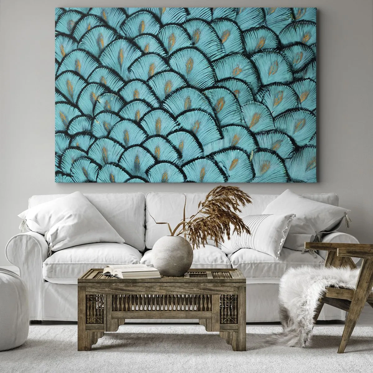 Bild auf Leinwand - Leinwandbild - Ein Muster, das türkisfarbenen Schuppen mit goldenen Akzenten ähnelt - 100x70cm - Große Federgala - Moderne Wanddekoration für Wohnzimmer und Schlafzimmer ARTTOR