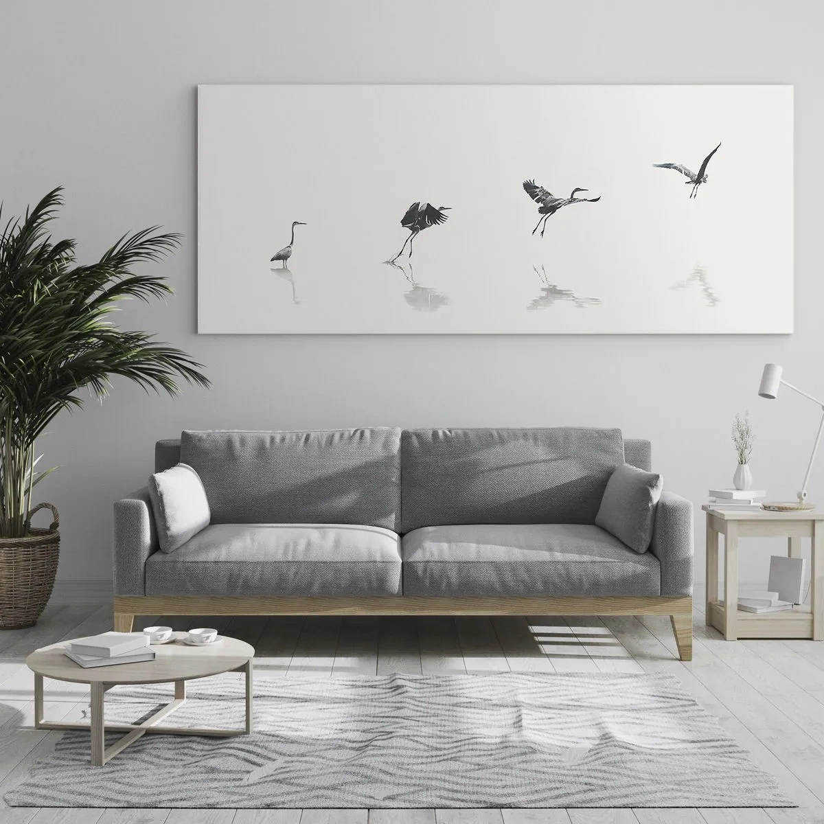 Glasbild - Bild auf glas - Vier Vogelsilhouetten spiegeln sich im ruhigen Wasser - 120x50cm - Vier einfache Schritte - Moderne Wanddekoration für Wohnzimmer und Schlafzimmer ARTTOR