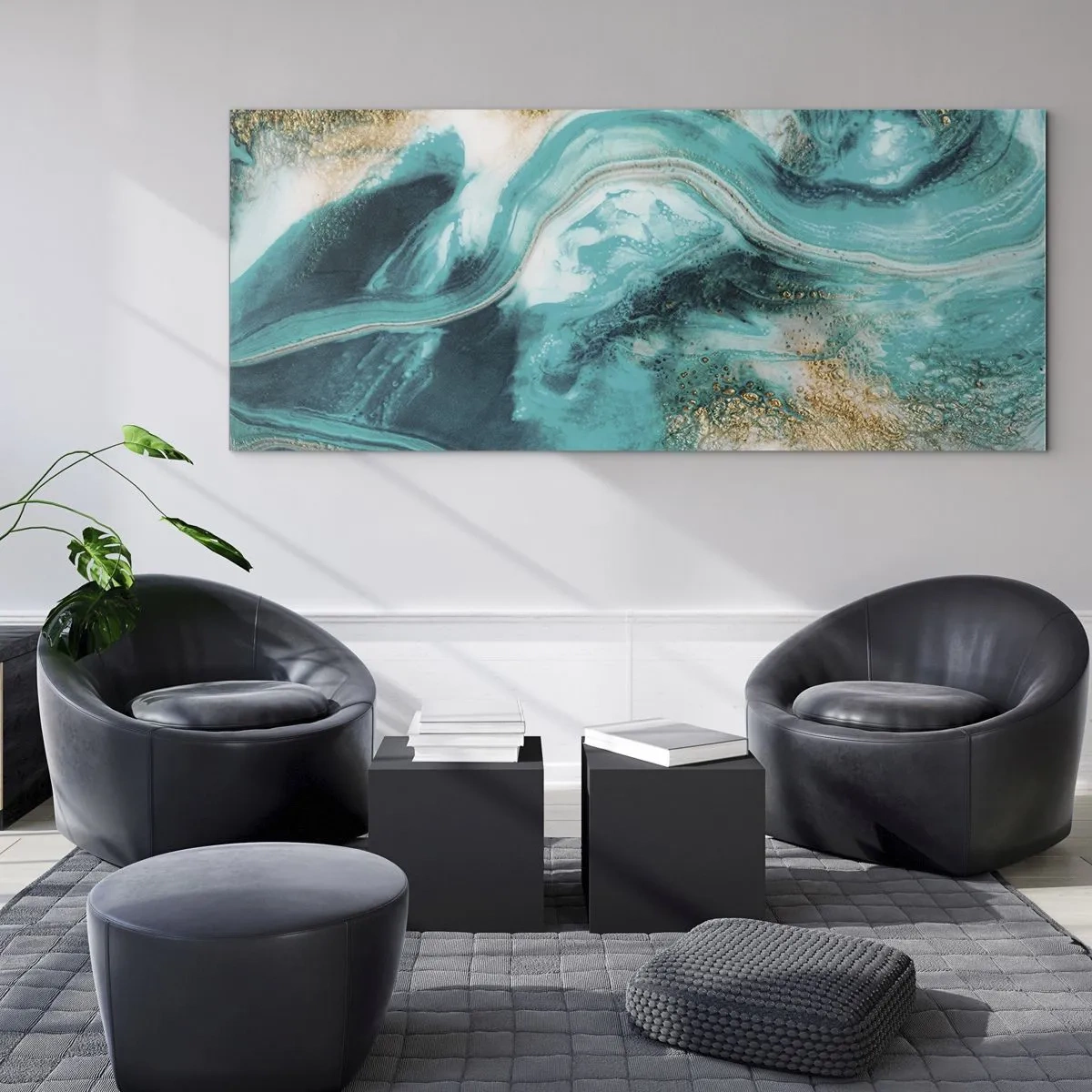 Glasbild - Bild auf glas - Türkisfarbene Abstraktion mit weißen und goldenen Akzenten - 140x50cm - Der Fluss aus Gold - Moderne Wanddekoration für Wohnzimmer und Schlafzimmer ARTTOR