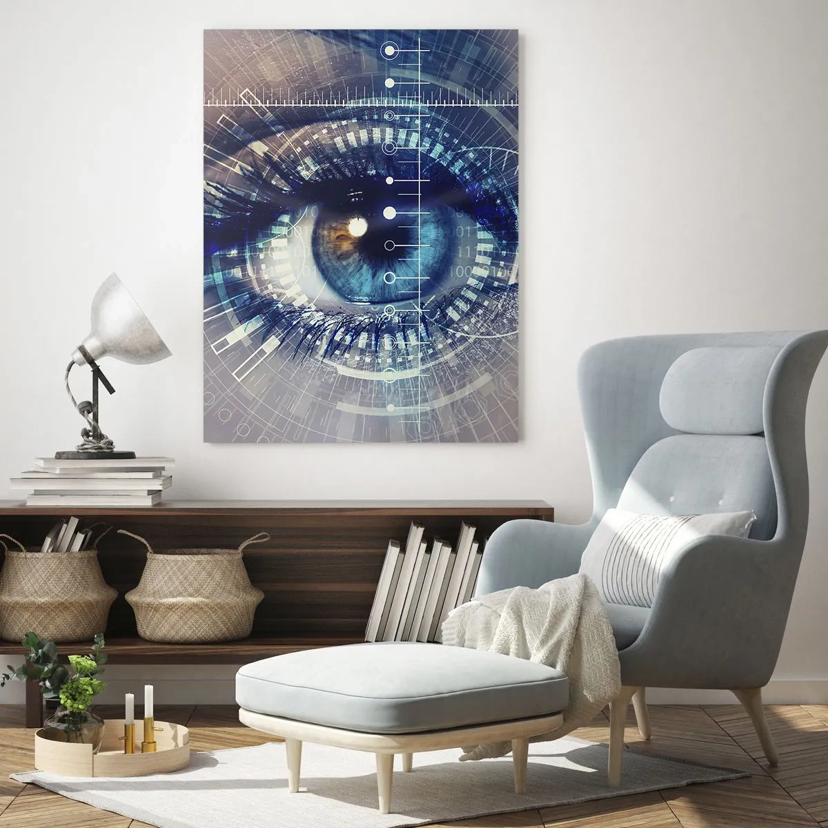 Glasbild - Bild auf glas - Ein technologisches Auge mit einer futuristischen Schnittstelle - 70x100cm - Du denkst du kennst mich - Moderne Wanddekoration für Wohnzimmer und Schlafzimmer ARTTOR