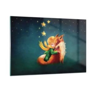 Glasbild - Bild auf glas - Der kleine Prinz umarmt einen Fuchs unter einem Sternenhimmel - 120x80cm - Kleiner Prinz - Moderne Wanddekoration für Wohnzimmer und Schlafzimmer ARTTOR