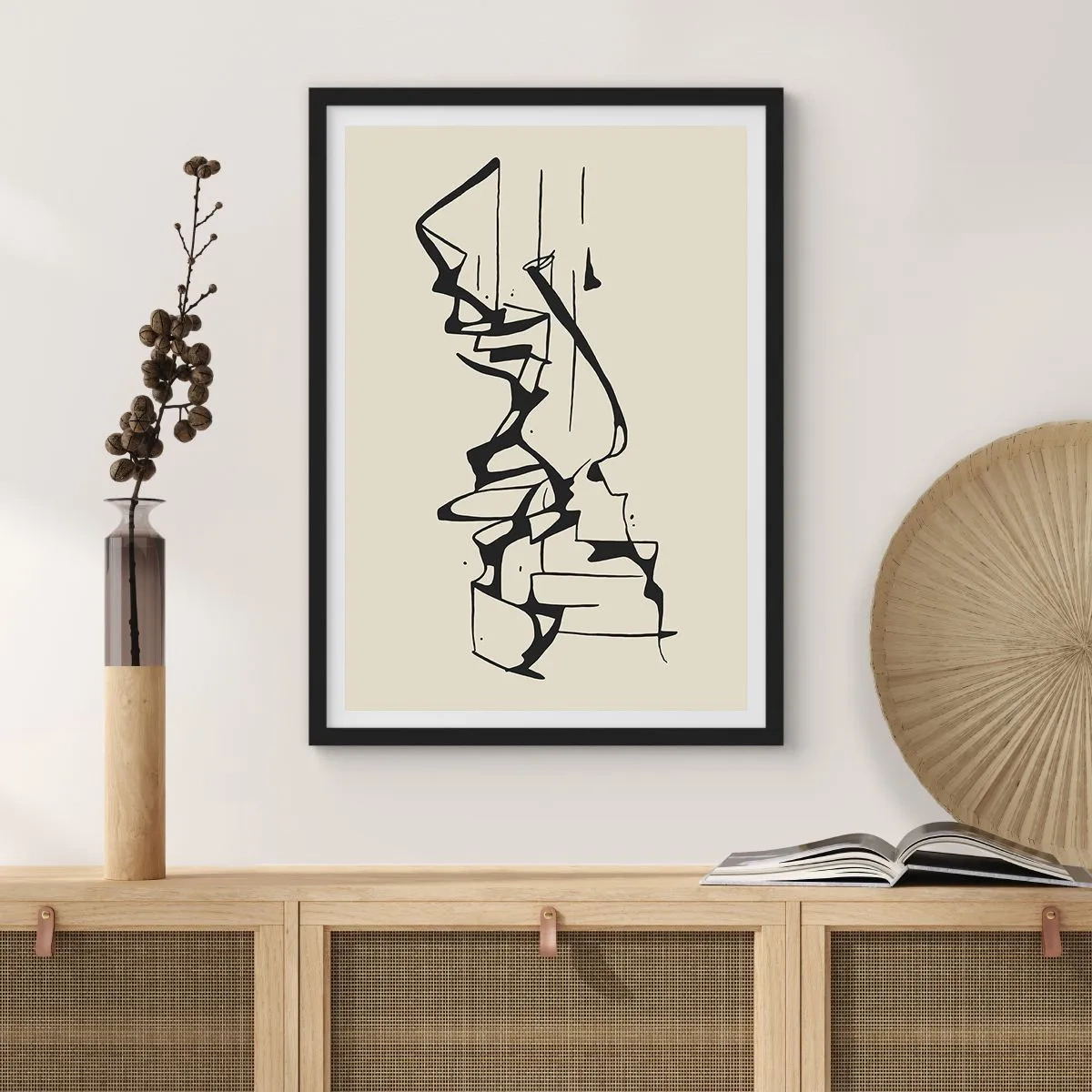 Poster in einem schwarzem Rahmen - Abstrakte Schwarz-Weiß-Komposition aus Linien und Formen - 50x70cm - Vielleicht eine Landschaft - Moderne Wanddekoration für Wohnzimmer und Schlafzimmer ARTTOR
