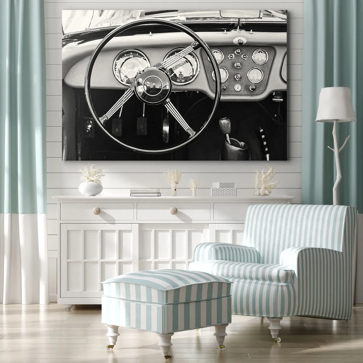 Bild auf Leinwand - Leinwandbild - Schwarz-weißes Oldtimer-Interieur - 120x80cm - Ein Sammlertraum - Moderne Wanddekoration für Wohnzimmer und Schlafzimmer ARTTOR