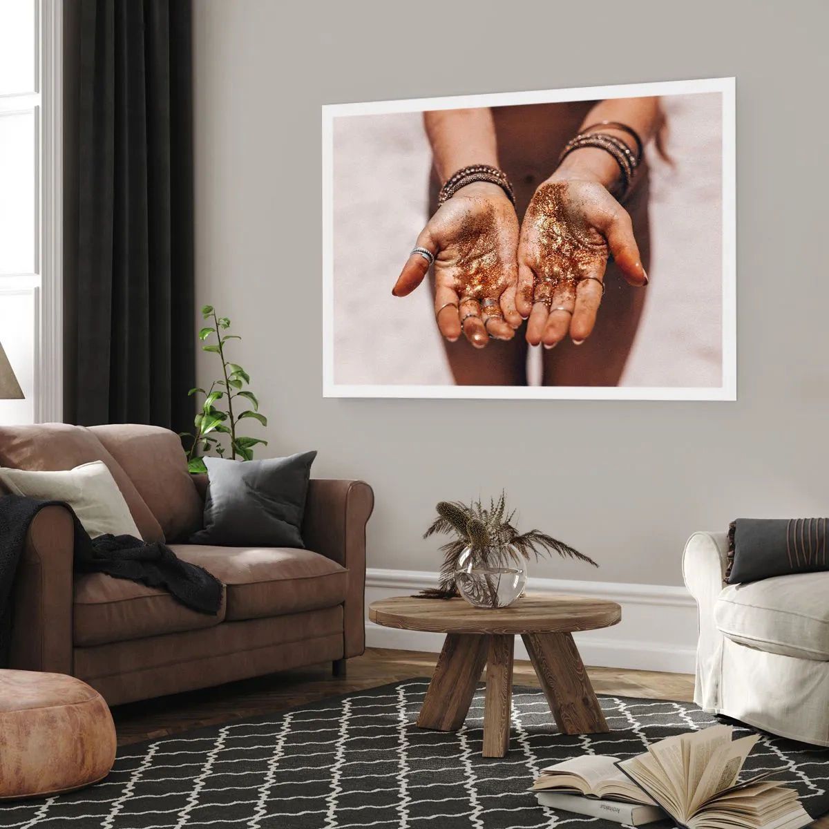 Poster - Nahaufnahme von Händen mit Glitzer in warmen Farbtönen - 100x70cm - Ein Geschenk für dich - Moderne Wanddekoration für Wohnzimmer und Schlafzimmer ARTTOR