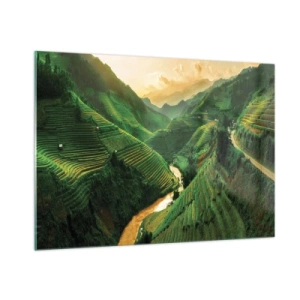 Glasbild - Bild auf glas - Malerische Reisterrassen im Tal bei Sonnenuntergang - 100x70cm - Vietnamesisches Tal - Moderne Wanddekoration für Wohnzimmer und Schlafzimmer ARTTOR