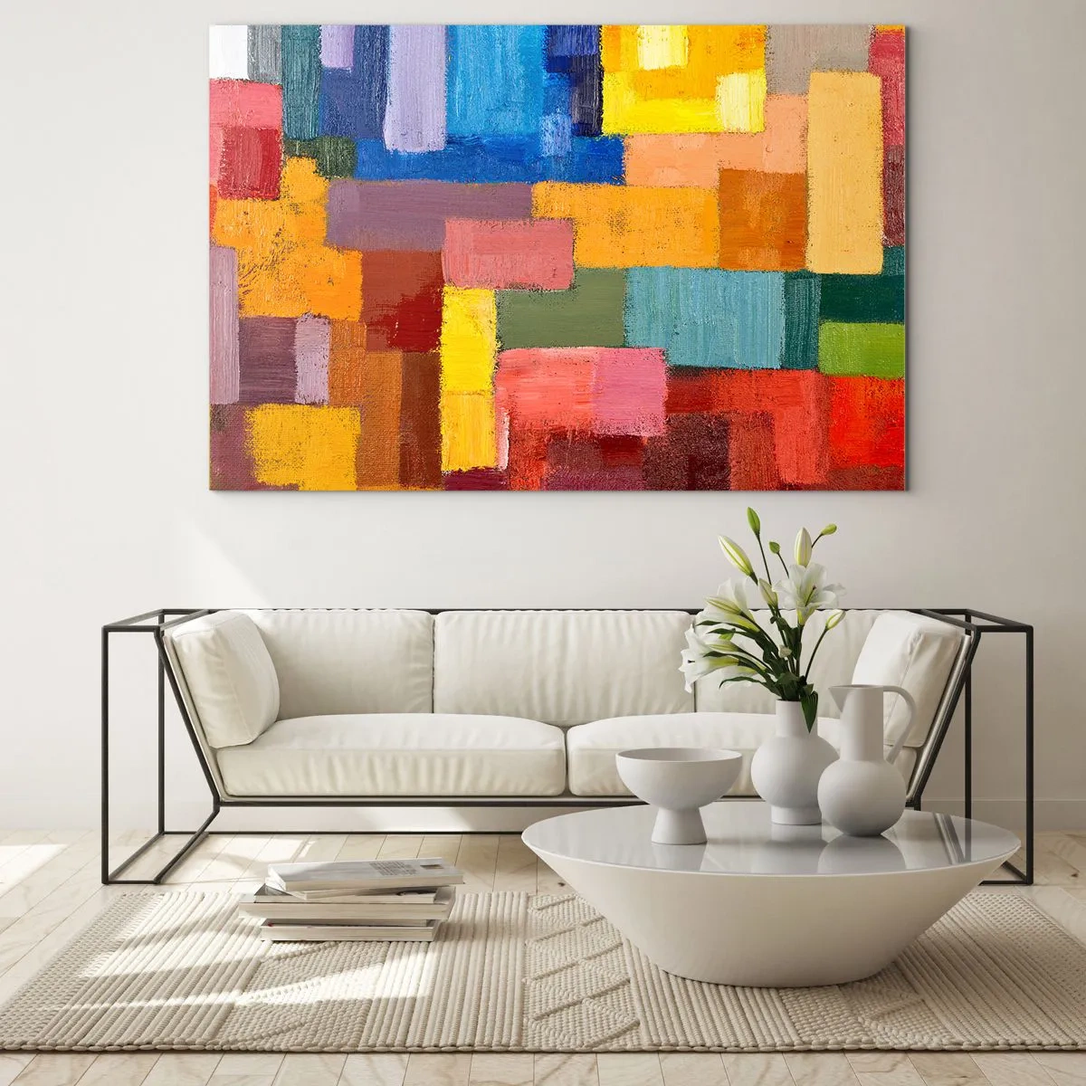 Glasbild - Bild auf glas - Abstrakte Komposition aus farbigen Rechtecken - 100x70cm - Jeder ist anders, alle bunt - Moderne Wanddekoration für Wohnzimmer und Schlafzimmer ARTTOR