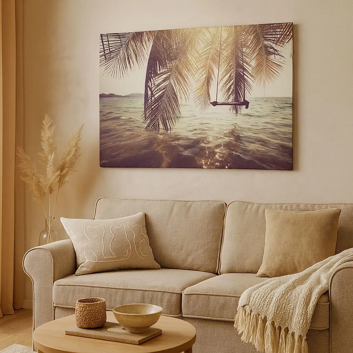 Bild auf Leinwand - Leinwandbild - Palme mit Schaukel über dem Wasser im Sonnenlicht - 70x50cm - Sie können nach Belieben in den Wolken schwingen - Moderne Wanddekoration für Wohnzimmer und Schlafzimmer ARTTOR