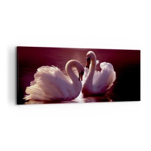 Bild auf Leinwand - Leinwandbild - Zwei Schwäne auf einem ruhigen See bei Sonnenuntergang - 120x50cm - Bis der Tod uns scheidet - Moderne Wanddekoration für Wohnzimmer und Schlafzimmer ARTTOR