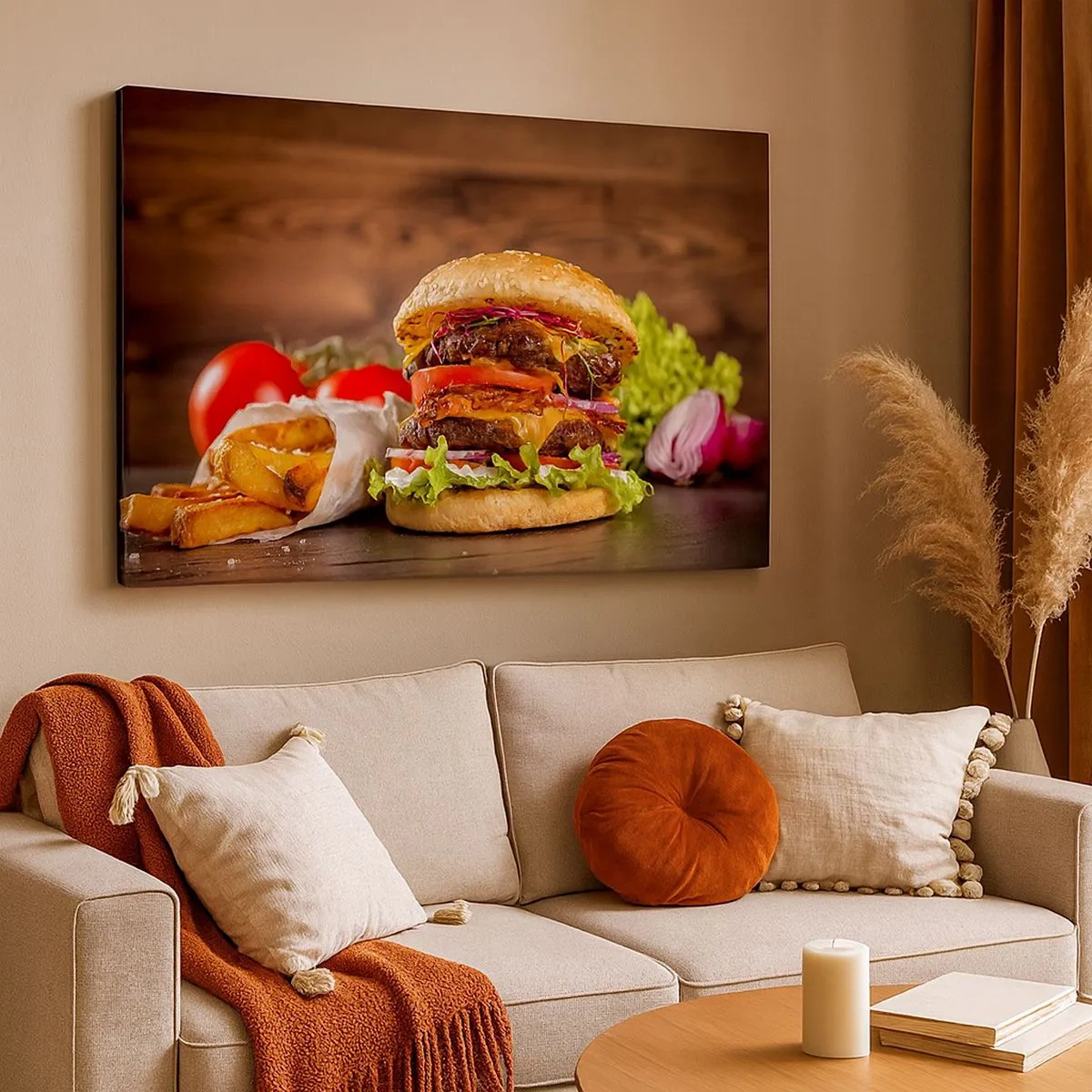 Bild auf Leinwand - Leinwandbild - Appetitlicher Burger mit Extras - 70x50cm - Die verbotene Frucht - Moderne Wanddekoration für Wohnzimmer und Schlafzimmer ARTTOR