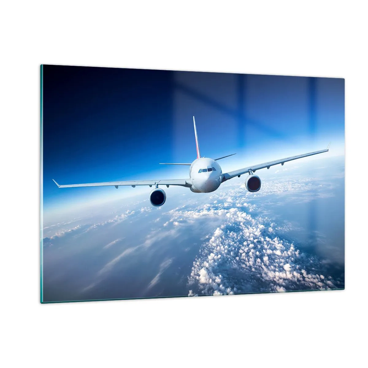 Glasbild - Bild auf glas - Ein Passagierflugzeug vor blauem Himmel und Wolken - 120x80cm - Ich fliege, weil ich es kann - Moderne Wanddekoration für Wohnzimmer und Schlafzimmer ARTTOR
