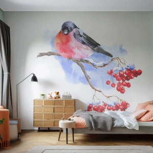 Selbstklebende Fototapete Deluxe Sticker - Winter in Farbe - Vogel auf einem Ast, Rote Eberesche, Grafik - 200x140 cm