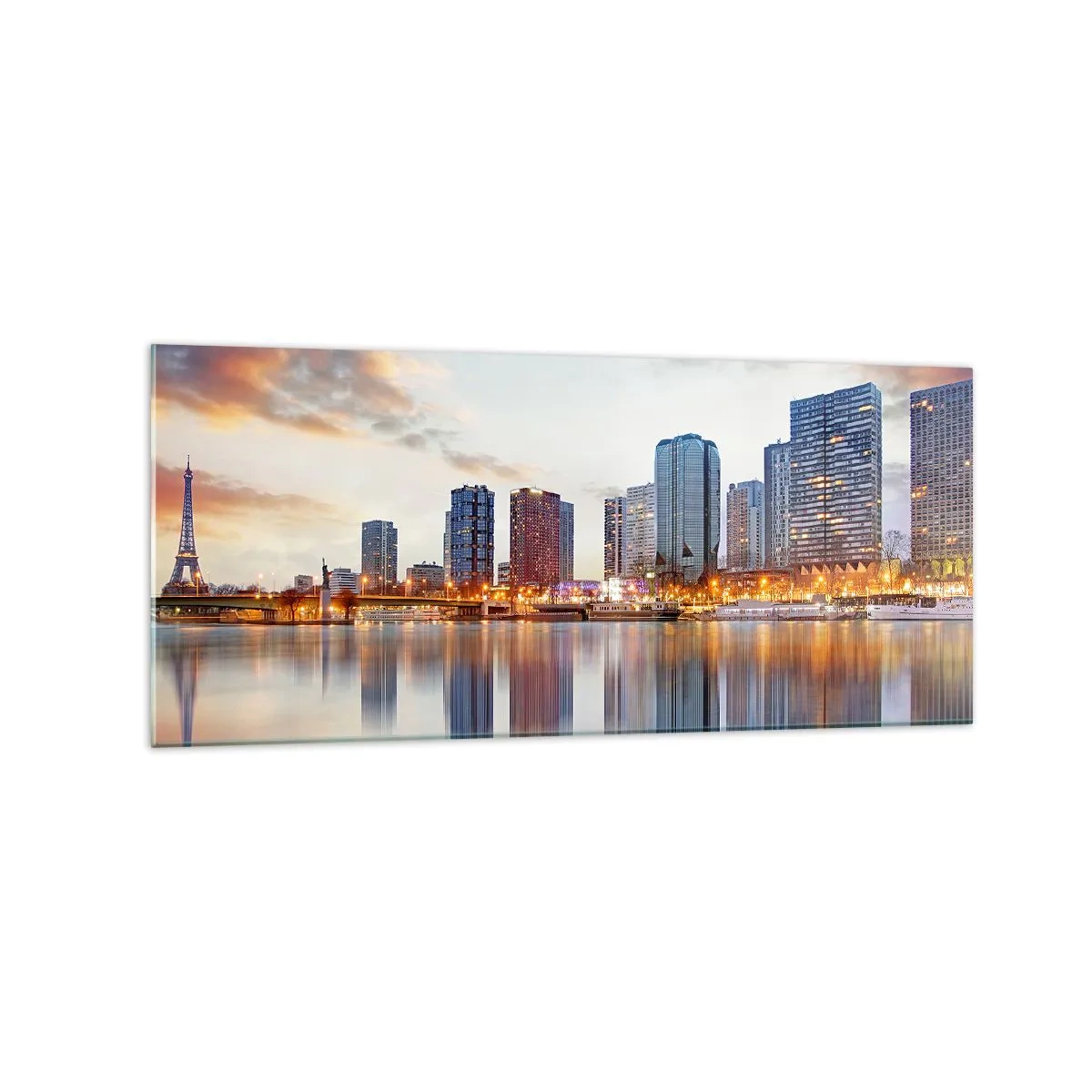 Glasbild - Bild auf glas - Panorama moderner Gebäude und des Eiffelturms über dem Wasser - 120x50cm - Die monumentale Ruhe von Paris - Moderne Wanddekoration für Wohnzimmer und Schlafzimmer ARTTOR