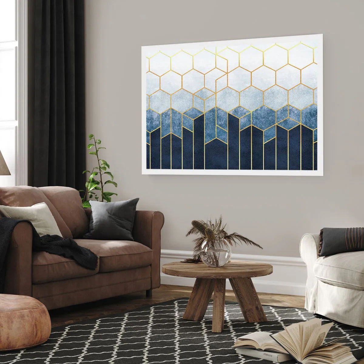 Poster - Geometrisches Muster in Gold- und Marineblautönen - 100x70cm - Komposition im synkopischen Rhythmus - Moderne Wanddekoration für Wohnzimmer und Schlafzimmer ARTTOR