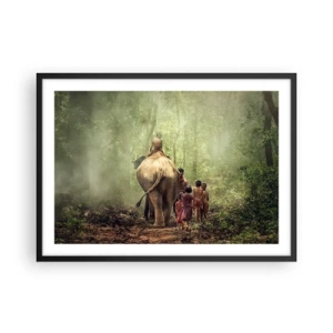 Poster in einem schwarzem Rahmen - Kinder mit einem Elefanten in einem grünen Wald im Morgenlicht - 70x50cm - Neues Dschungelbuch - Moderne Wanddekoration für Wohnzimmer und Schlafzimmer ARTTOR