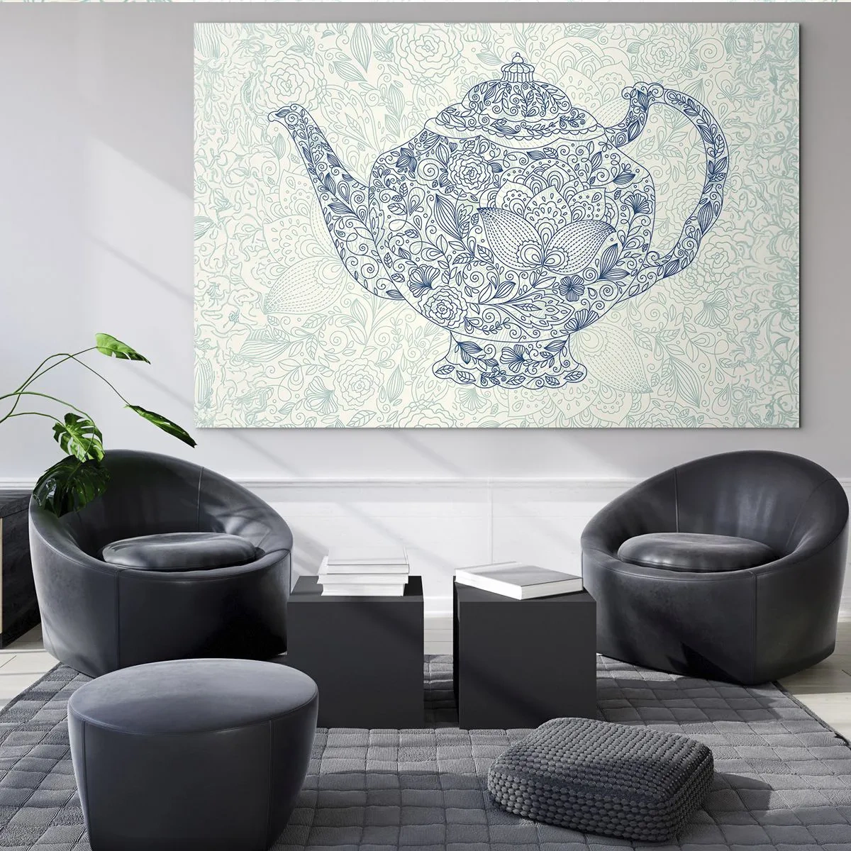 Glasbild - Bild auf glas - Teekanne im Vintage-Stil mit Blumenmuster - 100x70cm - Tee-Charm - Moderne Wanddekoration für Wohnzimmer und Schlafzimmer ARTTOR