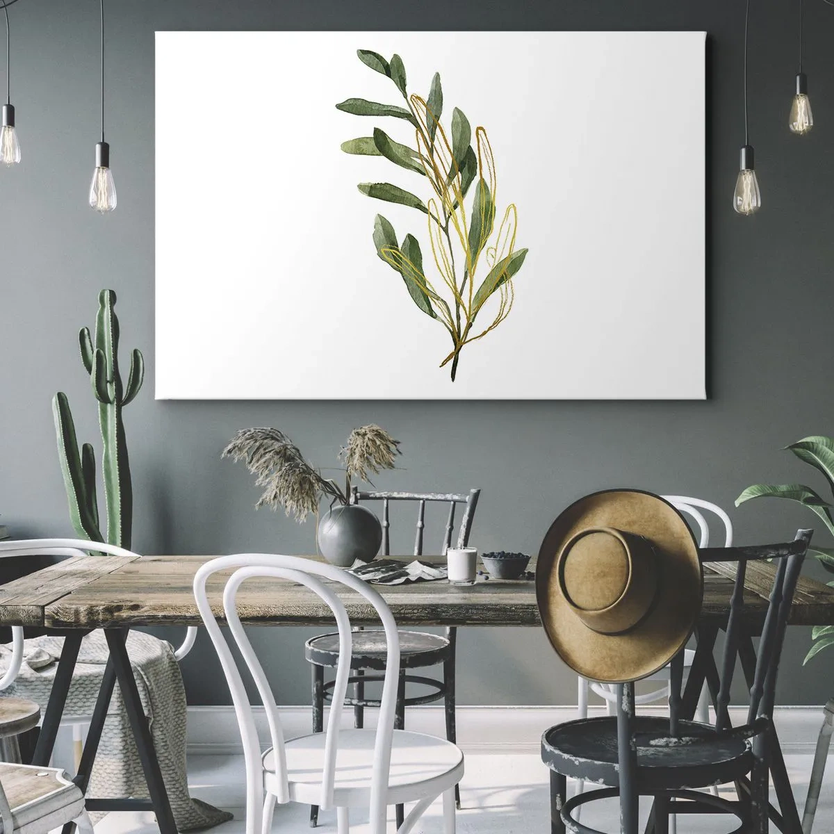 Bild auf Leinwand - Leinwandbild - Grüner Zweig mit Blättern auf weißem Hintergrund - 70x50cm - Alles was gut ist - Moderne Wanddekoration für Wohnzimmer und Schlafzimmer ARTTOR