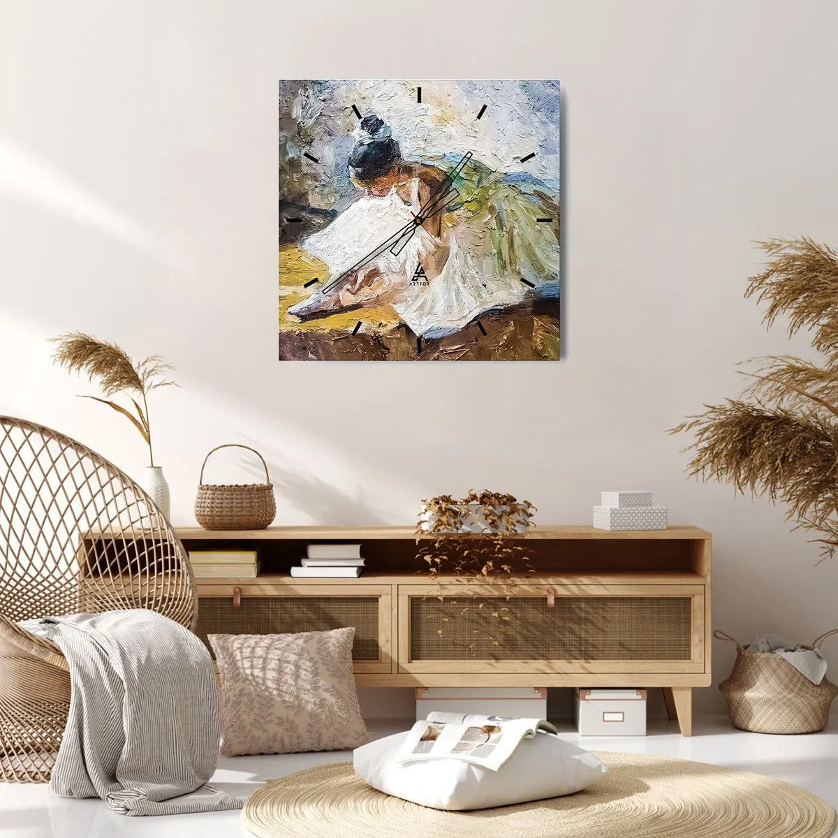 Wanduhr - Glasuhr - Eine Ballerina in einem weißen Kleid im malerischen Stil vor einem impressionistischen Hintergrund. - 30x30cm - Aus einem Gemälde von Degas - Moderne Wanddekoration für Wohnzimmer und Schlafzimmer ARTTOR