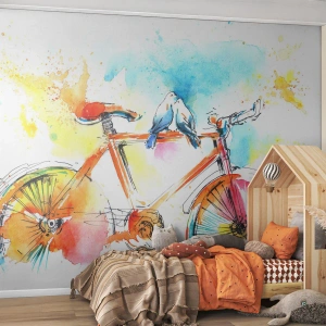 Fototapete Premium Sand - Buntes Fahrrad im Aquarellstil mit Vögeln - 100x70cm - Fahrrad für zwei - Moderne Wanddekoration für Wohnzimmer und Schlafzimmer ARTTOR